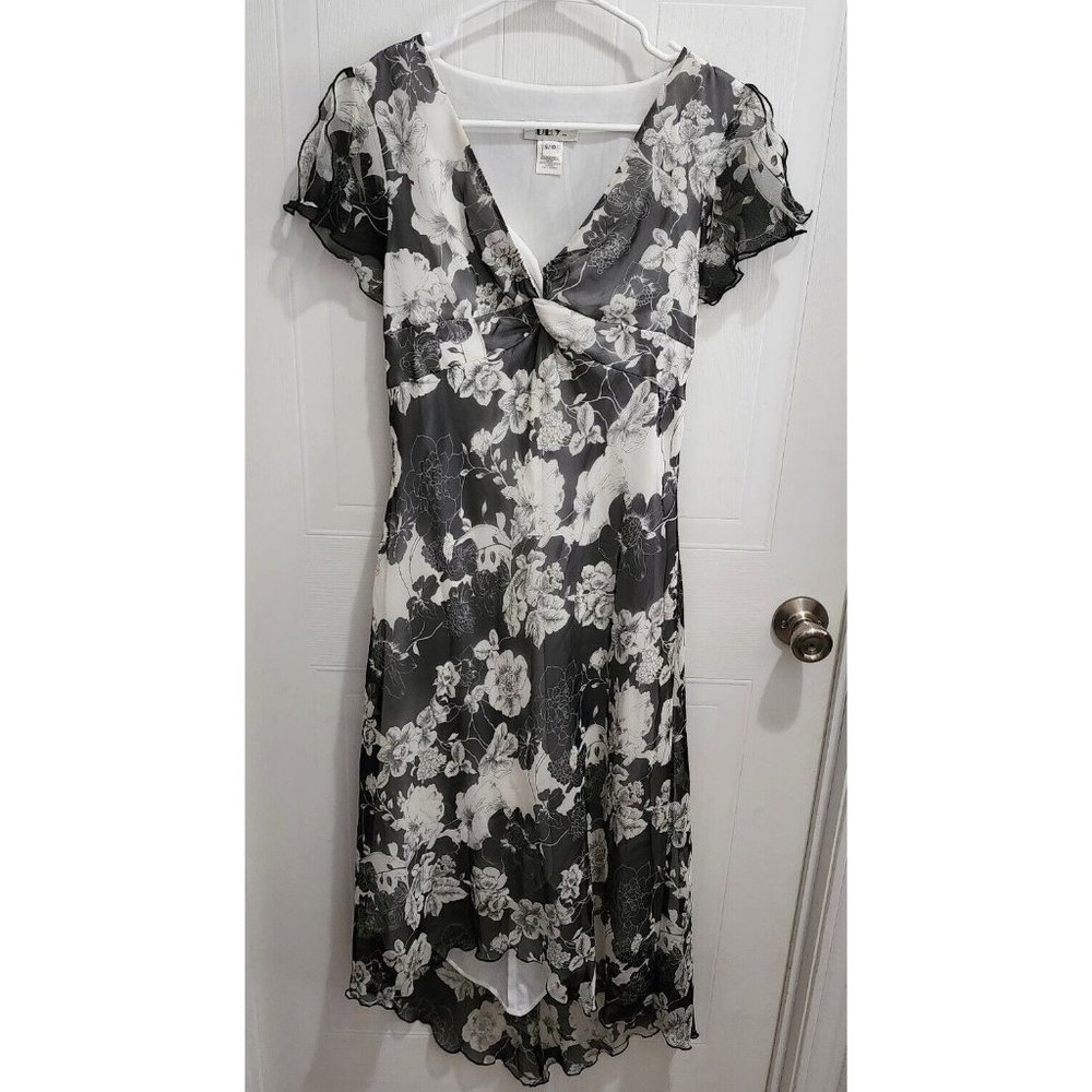 DBY Ltd. Women's Dress Slit Flutter Sleeves Asymmetrical Hem Sz 9/10 Black White